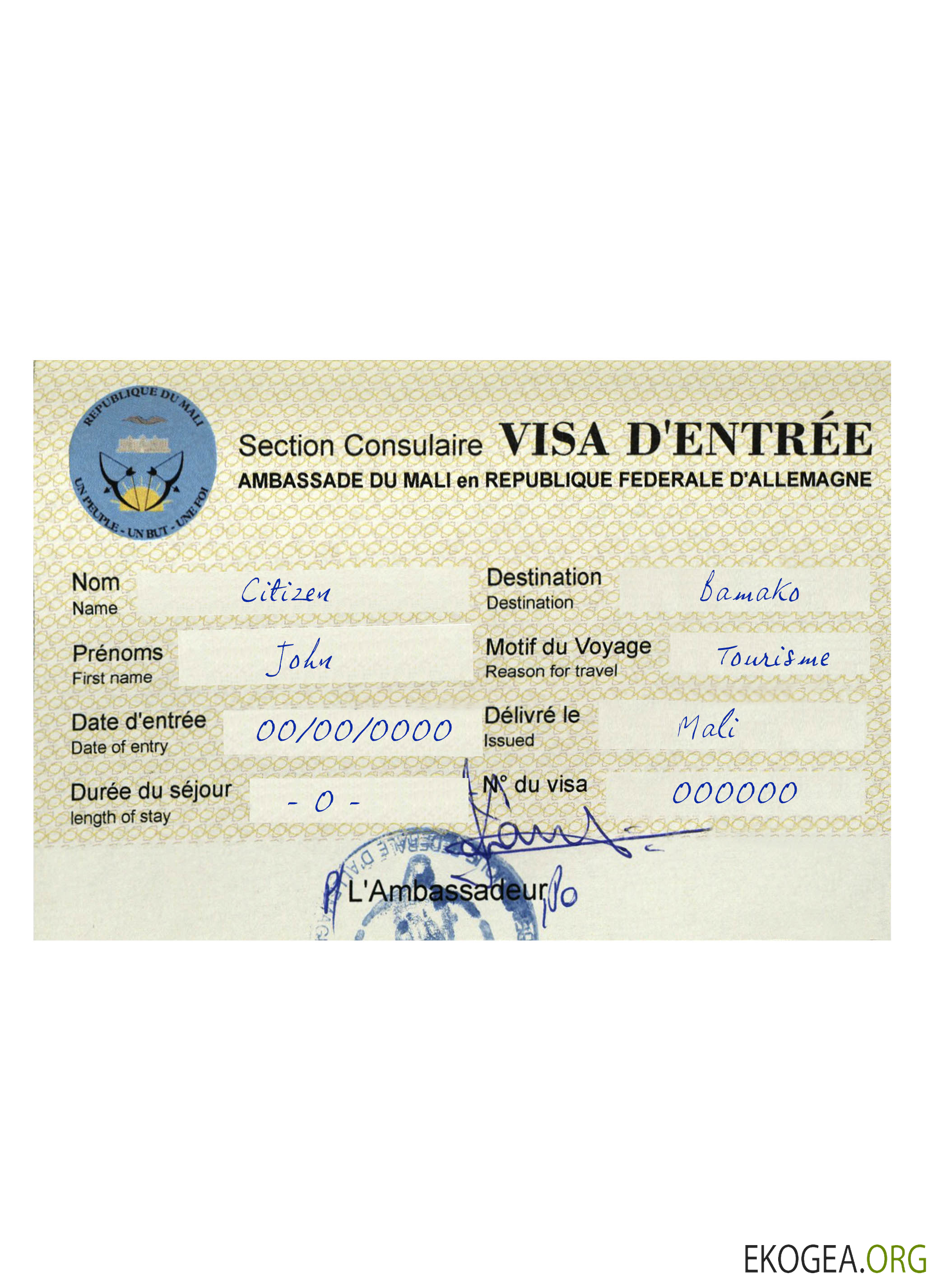 Visa de voyage pour la République du Mali